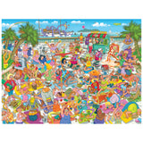 Experience the lively ROSEART-CARTOON CHAOS-YOGA MADNESS 500 PIECE JIGSAW PUZZLE—packed with sunbathers, swimmers, games, dining, yoga antics, palm trees, and a fun ride in a vibrant beach scene!.