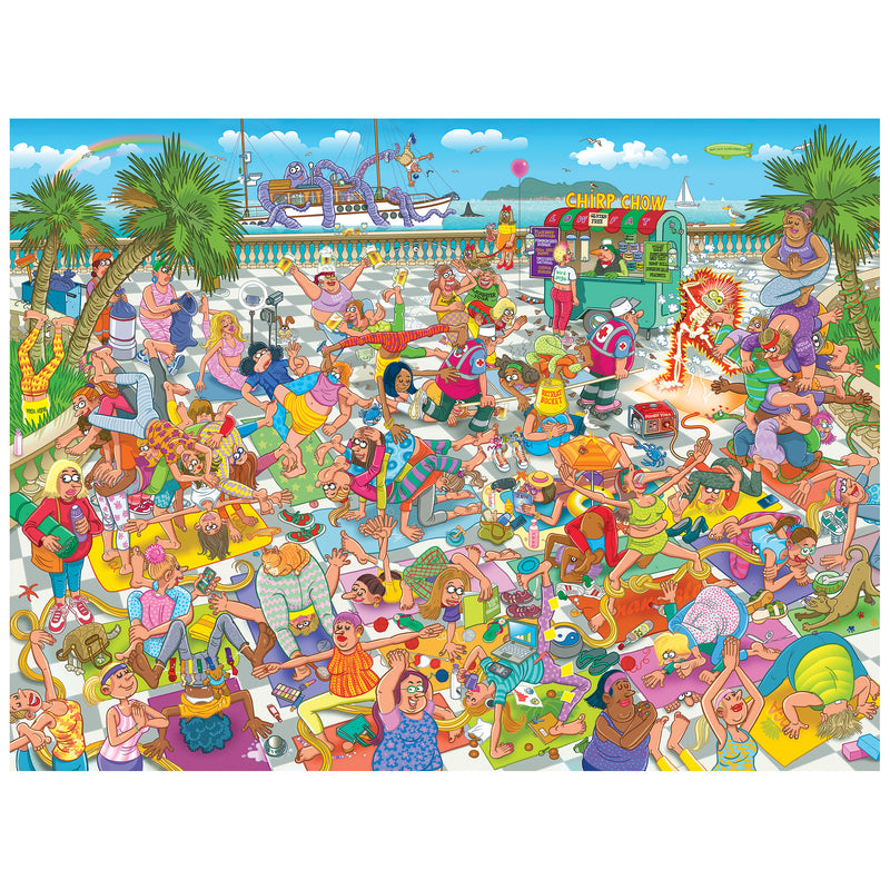 Experience the lively ROSEART-CARTOON CHAOS-YOGA MADNESS 500 PIECE JIGSAW PUZZLE—packed with sunbathers, swimmers, games, dining, yoga antics, palm trees, and a fun ride in a vibrant beach scene!.