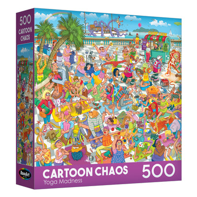 The ROSEART-CARTOON CHAOS-YOGA MADNESS-500 PIECE JIGSAW PUZZLE features a vibrant box with a crowded beach scene of people doing yoga and quirky activities.