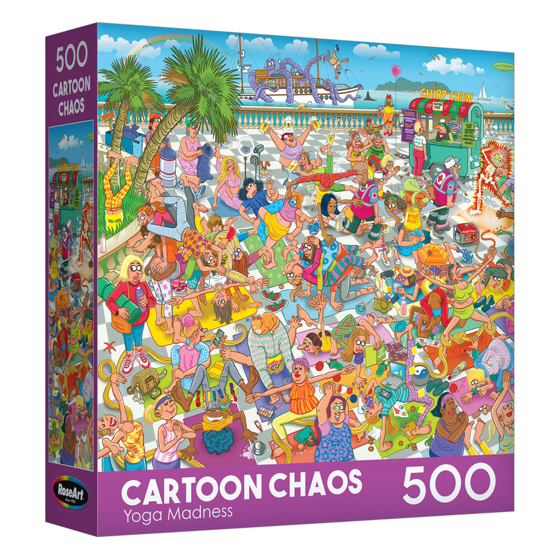 The ROSEART-CARTOON CHAOS-YOGA MADNESS-500 PIECE JIGSAW PUZZLE features a vibrant box with a crowded beach scene of people doing yoga and quirky activities.