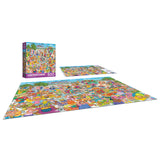 A completed ROSEART-CARTOON CHAOS-YOGA MADNESS 500-piece jigsaw puzzle shows a vibrant, crowded cartoon scene, displayed with its box and the unassembled pieces.