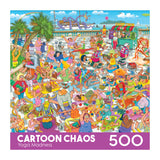 Experience chaotic yoga fun with the ROSEART-CARTOON CHAOS-YOGA MADNESS 500 PIECE JIGSAW PUZZLE, featuring a vibrant cartoon scene of humorous yoga antics in a lively park with a boardwalk, palm trees, and a food truck backdrop.