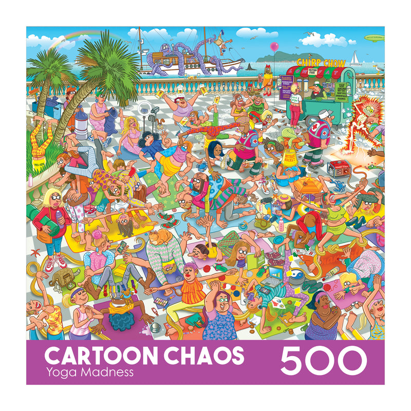 Experience chaotic yoga fun with the ROSEART-CARTOON CHAOS-YOGA MADNESS 500 PIECE JIGSAW PUZZLE, featuring a vibrant cartoon scene of humorous yoga antics in a lively park with a boardwalk, palm trees, and a food truck backdrop.