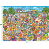 Experience cartoon chaos with ROSEART CARTOON CHAOS YOGA MADNESS, a 500-piece jigsaw puzzle featuring a lively beach scene with people and animals in wild poses. Includes palm trees, food stand, and ship. Image size: 18"x24".