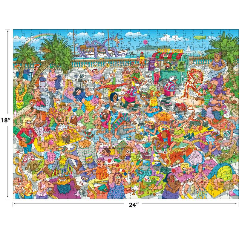 Experience cartoon chaos with ROSEART CARTOON CHAOS YOGA MADNESS, a 500-piece jigsaw puzzle featuring a lively beach scene with people and animals in wild poses. Includes palm trees, food stand, and ship. Image size: 18"x24".