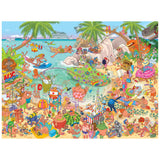 Dive into the ROSEART-CARTOON CHAOS-LOCO COCO PARADISE 500 piece jigsaw puzzle—a vibrant, cartoon-filled beach scene with sunbathers, swimmers, and playful fun under palm trees.