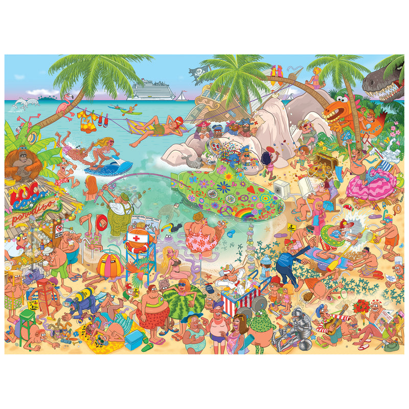Dive into the ROSEART-CARTOON CHAOS-LOCO COCO PARADISE 500 piece jigsaw puzzle—a vibrant, cartoon-filled beach scene with sunbathers, swimmers, and playful fun under palm trees.