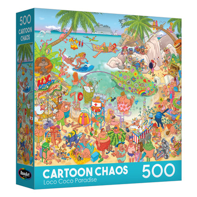 The ROSEART-CARTOON CHAOS-LOCO COCO PARADISE-500 PIECE JIGSAW PUZZLE features a lively and chaotic beach scene with swimmers, surfers, sunbathers, and comical activities for a vibrant puzzle adventure.