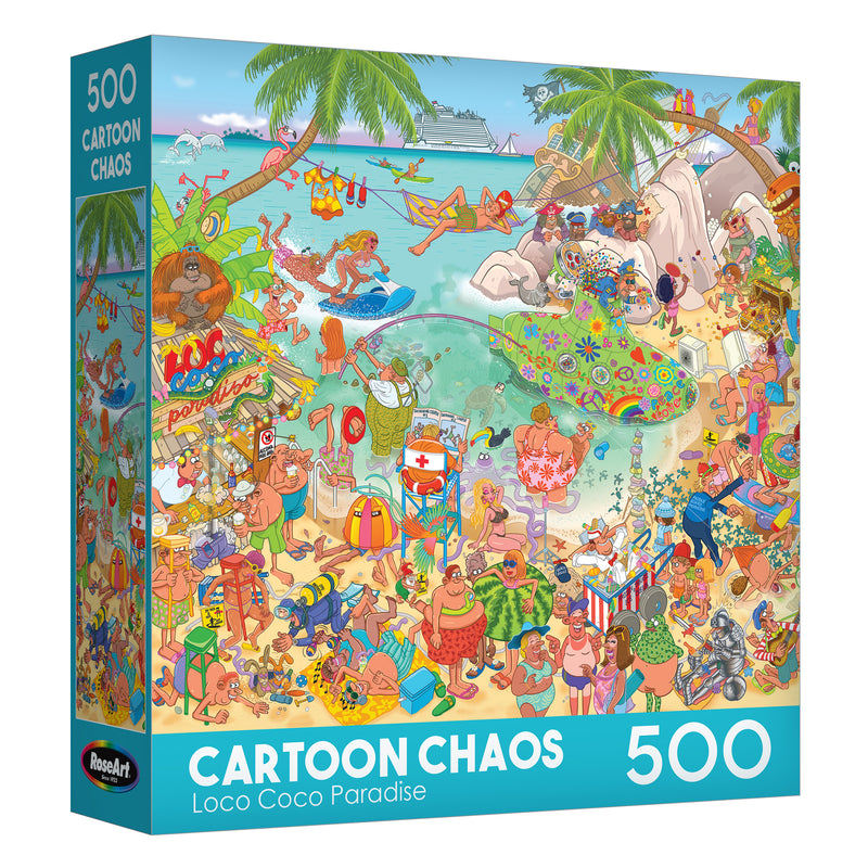 The ROSEART-CARTOON CHAOS-LOCO COCO PARADISE-500 PIECE JIGSAW PUZZLE features a lively and chaotic beach scene with swimmers, surfers, sunbathers, and comical activities for a vibrant puzzle adventure.