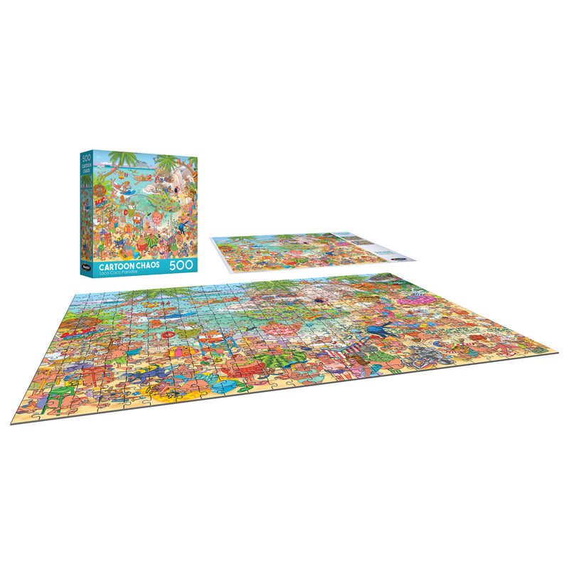 The completed ROSEART-CARTOON CHAOS-LOCO COCO PARADISE 500 piece jigsaw puzzle is shown beside its box, with an extra image displaying the puzzle partially assembled.
