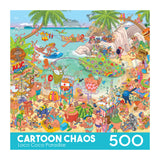 Enjoy assembling the ROSEART-CARTOON CHAOS-LOCO COCO PARADISE 500 PIECE JIGSAW PUZZLE—a vibrant cartoon of a bustling tropical beach with sunbathers, swimmers, games, and a cruise ship in the background!.