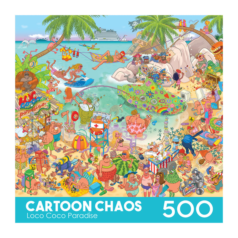 Enjoy assembling the ROSEART-CARTOON CHAOS-LOCO COCO PARADISE 500 PIECE JIGSAW PUZZLE—a vibrant cartoon of a bustling tropical beach with sunbathers, swimmers, games, and a cruise ship in the background!.