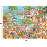 Experience the ROSEART-CARTOON CHAOS-LOCO COCO PARADISE 500 piece jigsaw puzzle—an 18"x24" vibrant cartoon beach scene packed with people, animals, and fun details.