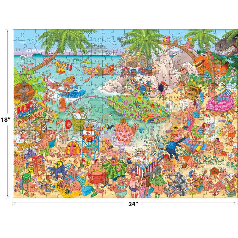 Experience the ROSEART-CARTOON CHAOS-LOCO COCO PARADISE 500 piece jigsaw puzzle—an 18"x24" vibrant cartoon beach scene packed with people, animals, and fun details.