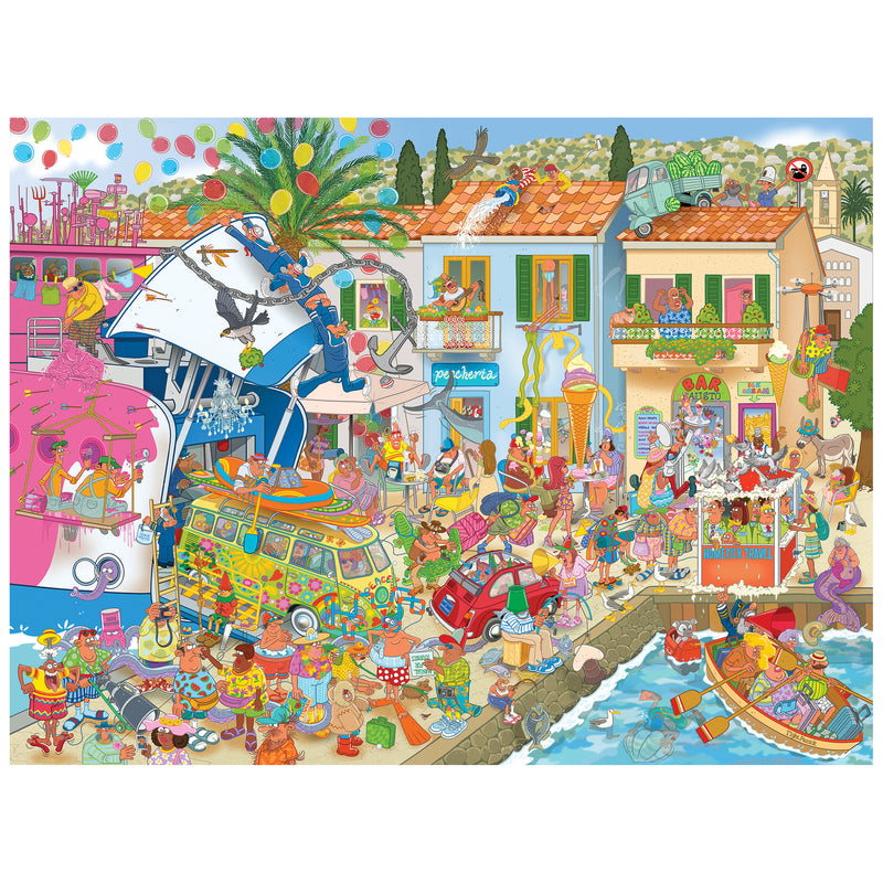Experience harbor hilarity with the ROSEART-CARTOON CHAOS 500-piece jigsaw puzzle, featuring a lively, colorful waterfront bursting with people, animals, vehicles, and luggage in chaotic cartoon style—perfect for puzzle enthusiasts!.