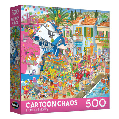 The ROSEART-CARTOON CHAOS-HARBOR HILARITY-500 PIECE JIGSAW PUZZLE features a lively harbor scene with cartoon characters, boats, and a decorated van—great fun and challenge for puzzle fans.