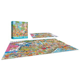 The completed ROSEART-CARTOON CHAOS-HARBOR HILARITY 500-piece jigsaw puzzle is displayed on a flat surface, with its box and an additional view of the playful Cartoon Chaos design shown next to it.