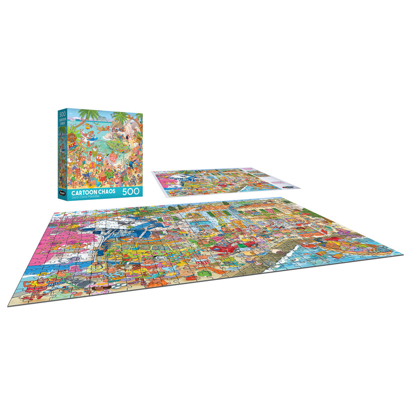 The completed ROSEART-CARTOON CHAOS-HARBOR HILARITY 500-piece jigsaw puzzle is displayed on a flat surface, with its box and an additional view of the playful Cartoon Chaos design shown next to it.