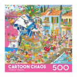 The ROSEART-CARTOON CHAOS-HARBOR HILARITY 500-piece jigsaw puzzle features a vibrant, cartoon chaos scene with people, animals, vehicles, lively decorations, confetti, and bustling harbor activity.
