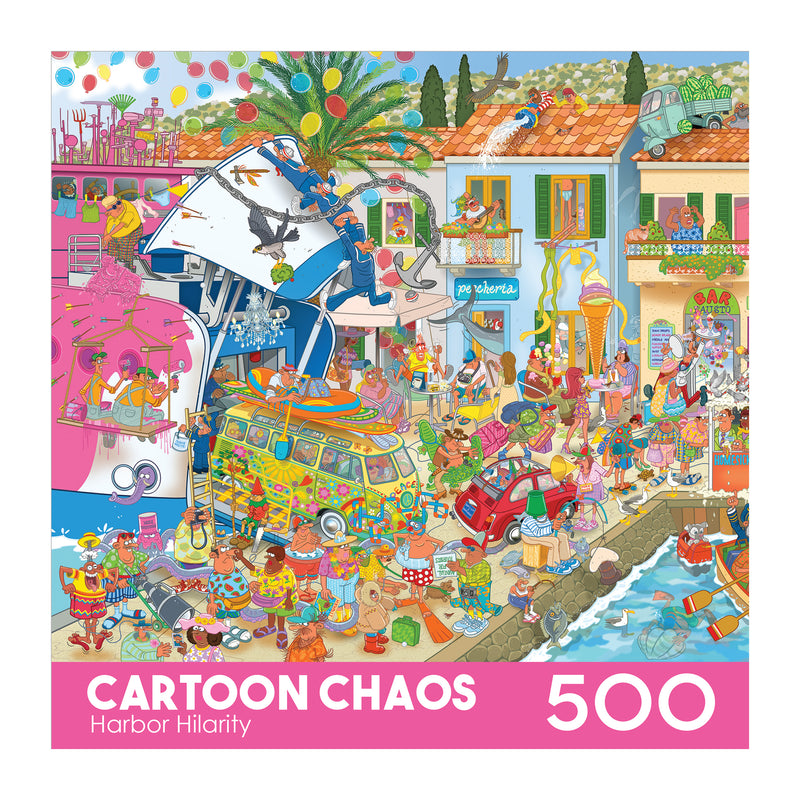 The ROSEART-CARTOON CHAOS-HARBOR HILARITY 500-piece jigsaw puzzle features a vibrant, cartoon chaos scene with people, animals, vehicles, lively decorations, confetti, and bustling harbor activity.