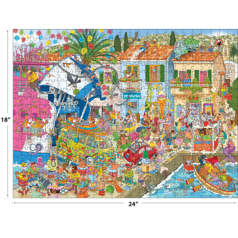The ROSEART Cartoon Chaos-Harbor Hilarity 500-piece jigsaw puzzle features a lively waterfront scene with people, cars, balloons, a boat, and a large blue structure. Finished size is 24" x 18".
