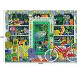 A colorful storefront displays plants, flowers, and cats among the items. A red bicycle is parked in front, and a "Open Daily" sign hangs on the door. The dimensions are 19.25" x 26.625". This scene comes to life in the RoseArt-Soft Touch-Cat Flowers-1000 Piece Jigsaw Puzzle.