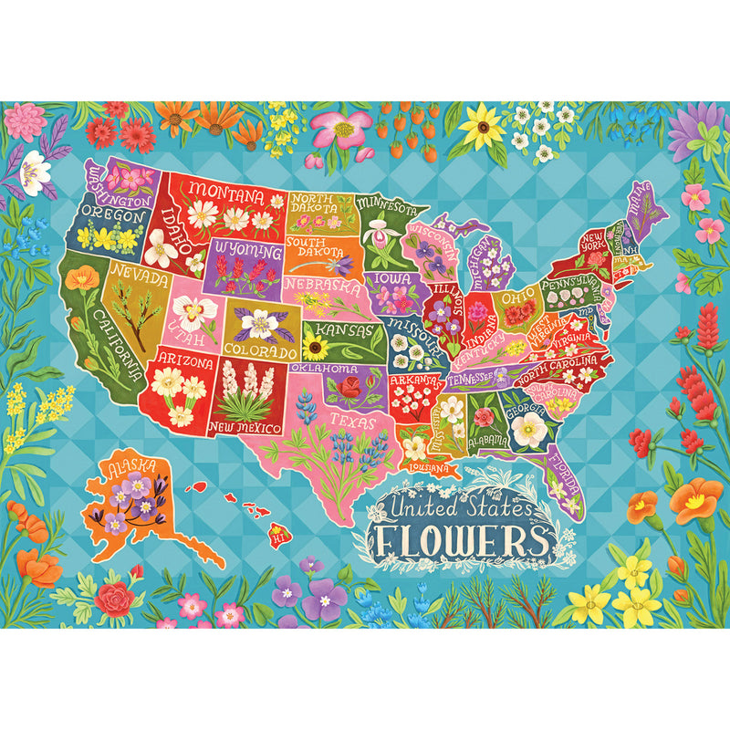 Colorful map of the United States showcasing each state's representative flower, with vibrant floral illustrations surrounding the map and a banner reading "RoseArt-Soft Touch-Flower Map-1000 Piece Jigsaw Puzzle" at the bottom.