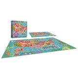A completed RoseArt-Soft Touch-Flower Map-1000 Piece Jigsaw Puzzle and its box, both depicting a colorful map of the United States with each state illustrated with flowers.