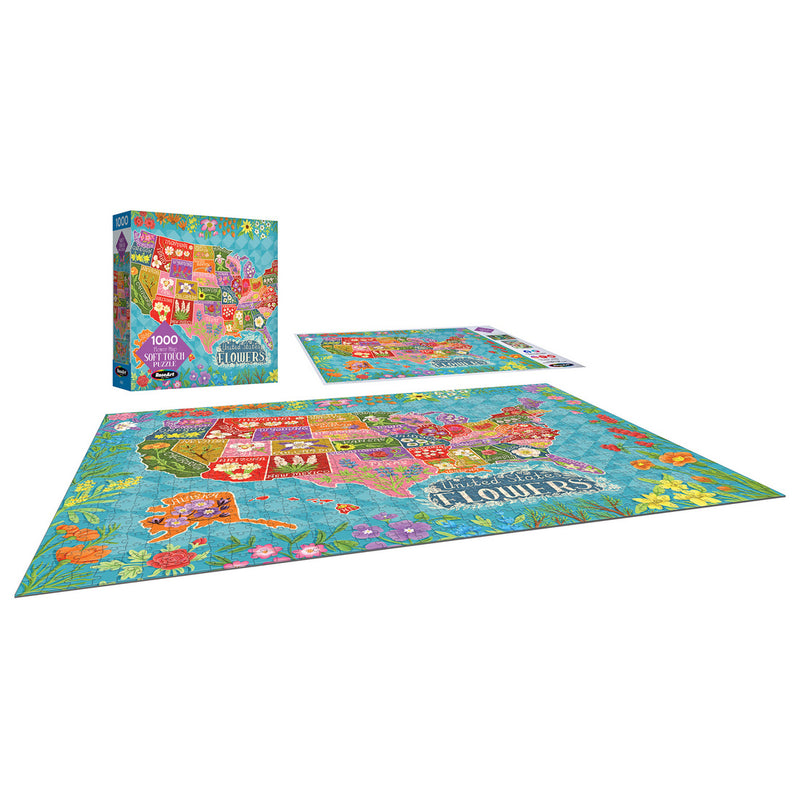 A completed RoseArt-Soft Touch-Flower Map-1000 Piece Jigsaw Puzzle and its box, both depicting a colorful map of the United States with each state illustrated with flowers.