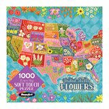 A RoseArt-Soft Touch-Flower Map-1000 Piece Jigsaw Puzzle depicting a flower map of the United States, with each state illustrated alongside its representative flower.