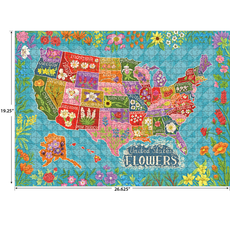 A colorful map of the United States showing each state's flower, bordered by vibrant flora. The text "United States Flowers" is displayed at the bottom. Dimensions are 19.25" x 26.625". Product Name: RoseArt-Soft Touch-Flower Map-1000 Piece Jigsaw Puzzle