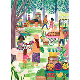 Illustration of a bustling farmer's market with people shopping for fresh produce, flowers, baked goods, and herbs. Trees and vendor stalls line the background, and a diverse crowd mingles in the RoseArt-Soft Touch-Farmer's Market-1000 Piece Jigsaw Puzzle.
