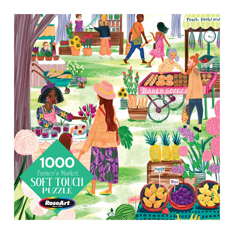 Illustration of a busy farmer's market with various stalls selling fresh produce, baked goods, and plants. Shoppers, including adults and children, browse and interact with vendors. RoseArt-Soft Touch-Farmer's Market-1000 Piece Jigsaw Puzzle.