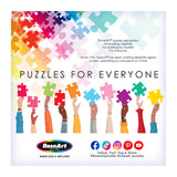Image of various hands holding colorful jigsaw puzzle pieces with text stating "Puzzles for Everyone" and information about RoseArt-Soft Touch-Flower Map-1000 Piece Jigsaw Puzzle. Includes RoseArt® logo and social media icons at the bottom.