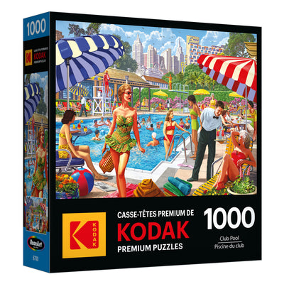 Box of RoseArt-Kodak Premium-Club Pool-1000 Piece Jigsaw Puzzle featuring a vibrant club pool scene.