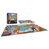 A completed RoseArt-Kodak Premium-Club Pool-1000 Piece Jigsaw Puzzle with a vibrant seaside market scene, accompanied by the puzzle box. The puzzle depicts various people shopping near the ocean.