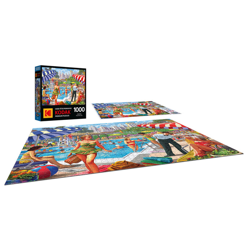 A completed RoseArt-Kodak Premium-Club Pool-1000 Piece Jigsaw Puzzle with a vibrant seaside market scene, accompanied by the puzzle box. The puzzle depicts various people shopping near the ocean.