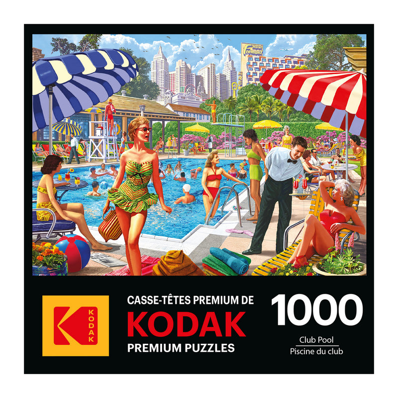 RoseArt-Kodak Premium-Club Pool-1000 Piece Jigsaw Puzzle featuring a vibrant pool scene with people relaxing and swimming. The surroundings include lounge chairs, umbrellas, and a backdrop of a cityscape.