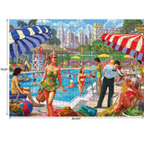 A colorful puzzle shows people enjoying a vibrant outdoor pool scene with umbrellas, lounge chairs, swimmers, and city buildings in the background. The **RoseArt-Kodak Premium-Club Pool-1000 Piece Jigsaw Puzzle** measures 19.25 inches by 26.625 inches.