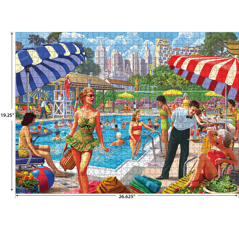 A colorful puzzle shows people enjoying a vibrant outdoor pool scene with umbrellas, lounge chairs, swimmers, and city buildings in the background. The **RoseArt-Kodak Premium-Club Pool-1000 Piece Jigsaw Puzzle** measures 19.25 inches by 26.625 inches.