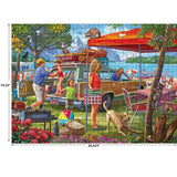 A family at a campsite with a vintage car, tent, and picnic setup. Adults and children are unloading items and playing near a lake, while a dog stands beside a woman in the illustration on the RoseArt-Kodak Premium-Family Beach Vacation-1000 Piece Jigsaw Puzzle.