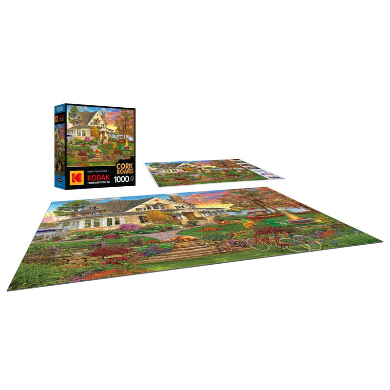 The 1000-piece jigsaw puzzle called "Cra-Z-Art - RoseArt - Kodak Cork - Lakeside Home" depicts a completed image of a charming lakeside home with a garden.