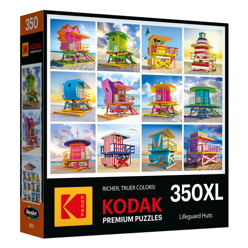 Puzzle box featuring colorful lifeguard huts designs, titled "RoseArt - Kodak Premium - Lifeguard Huts," consisting of 350 pieces.