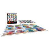 A RoseArt Kodak Premium puzzle is displayed with its vibrant lifeguard huts and seaside houses scene, partially assembled. The 350-piece jigsaw puzzle box stands upright next to the scattered pieces.
