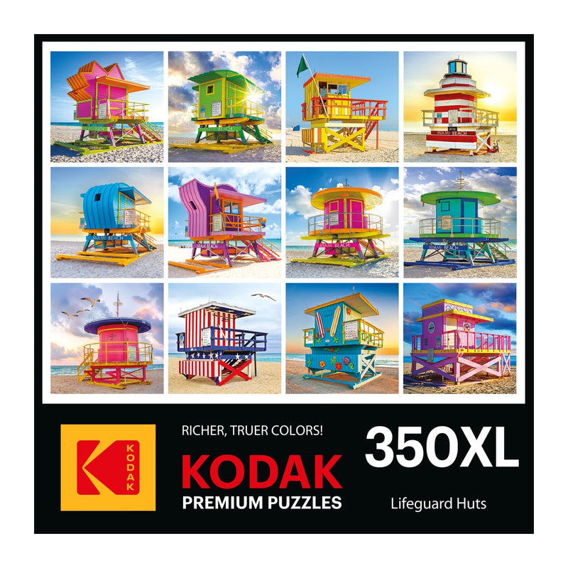 The RoseArt - Kodak Premium - Lifeguard Huts 350-piece jigsaw puzzle features a vibrant box design showcasing colorful lifeguard huts arranged in a captivating grid layout.