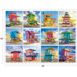 The RoseArt Kodak Premium 350-piece jigsaw puzzle features a vibrant grid arrangement of 12 unique lifeguard huts and a lighthouse, with dimensions of 18 inches by 24 inches.