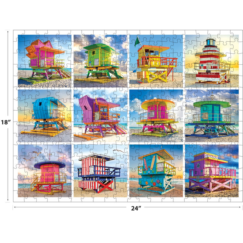 The RoseArt Kodak Premium 350-piece jigsaw puzzle features a vibrant grid arrangement of 12 unique lifeguard huts and a lighthouse, with dimensions of 18 inches by 24 inches.