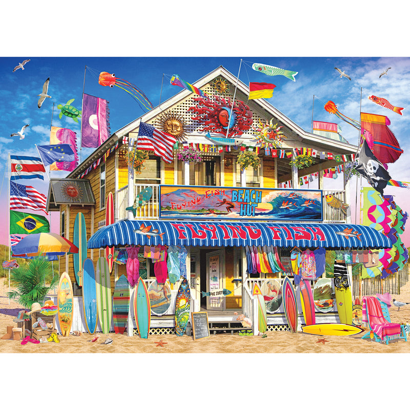 The 1000-piece ROSEART KODAK PREMIUM SURF SHACK puzzle captures a colorful surf shack adorned with surfboards, flags, and beach gear. The vibrant two-story building features decorations and umbrellas beneath flying seagulls, creating a picture-perfect scene.