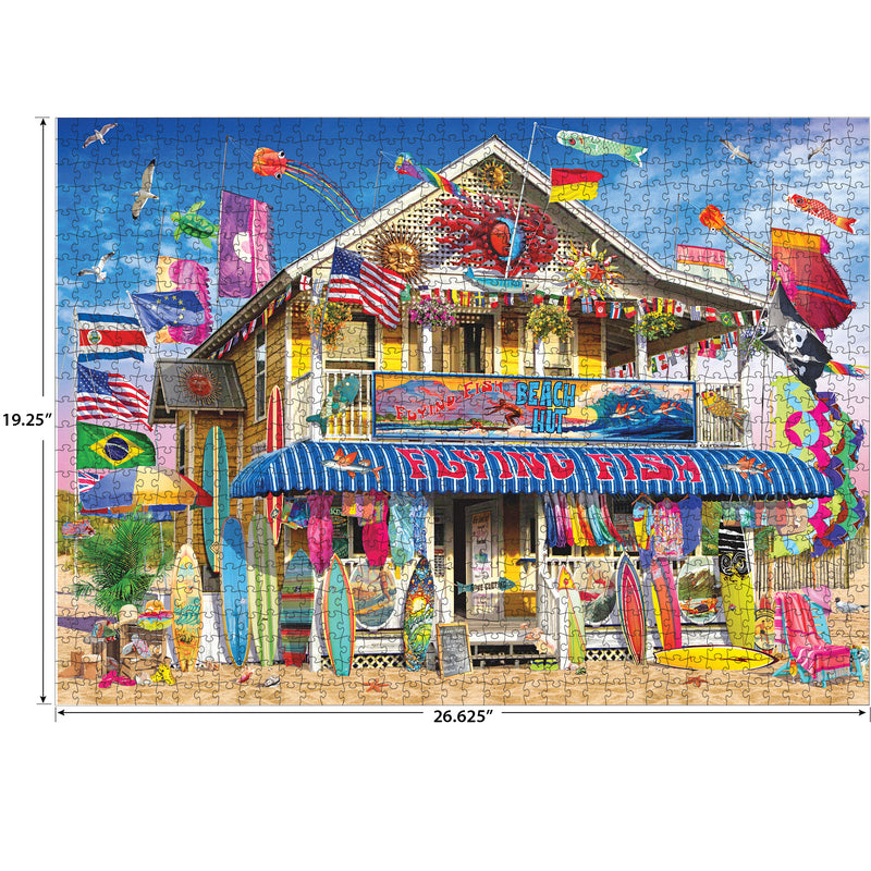 The ROSEART KODAK PREMIUM 1000-piece Surf Shack jigsaw puzzle features a vibrant beach shop with surfboards, flags, and kites. It measures 19.25" x 26.625" against a bright blue sky, offering an exceptional visual experience with KODAK PREMIUM quality.