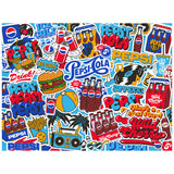 The ROSEART - SNACK ASSORTMENT - PEPSI COLA 500 PIECE JIGSAW PUZZLE features a vibrant collage with Pepsi Cola logos, bottles, burger, cherry illustrations, and summer motifs. Retro design elements blend to celebrate the classic brand in a playful and colorful manner.